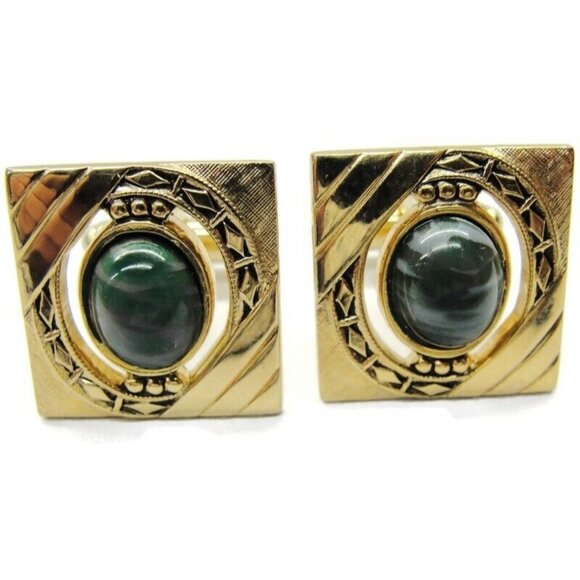 Anson Cufflinks Gold Tone Green Stone Tux Shirt Dress Suit Vintage - Picture 5 of 6